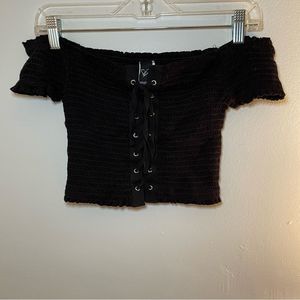 Windsor Black Smocked Off-Shoulder Lace-Up Crop Top